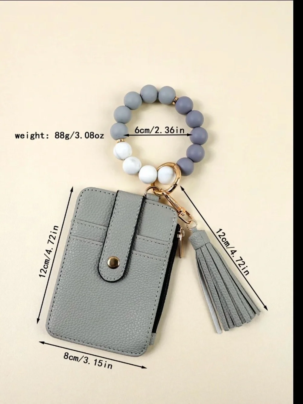 Grey Beaded Wristlet Keychain with Tassel